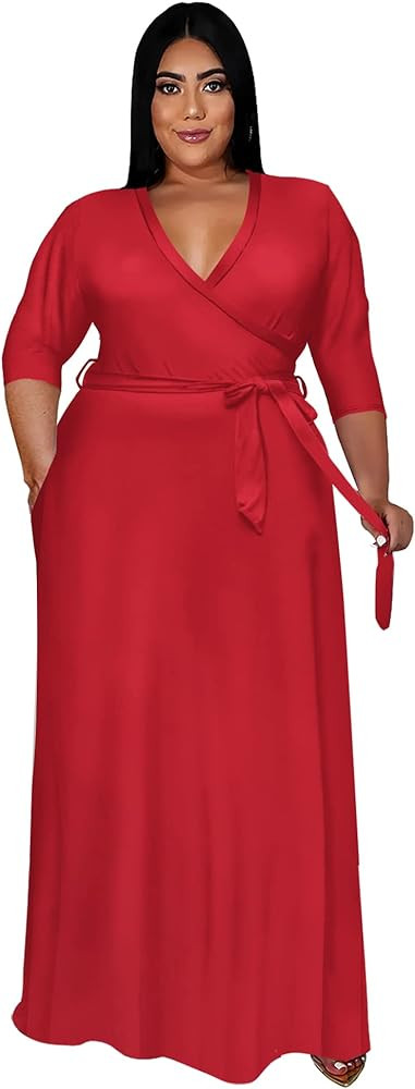 Runwind Plus Size Dress for Women - 3/4 Sleeve V Neck Printing Maxi Dresses for Women （XL-6XL... | Amazon (US)