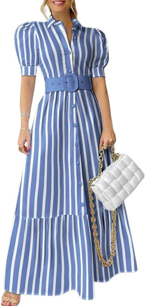 utcoco Womens Striped Button Down Shirt Dress Casual Puff Short Sleeve Ruffle Hem Maxi Dresses wi... | Amazon (US)