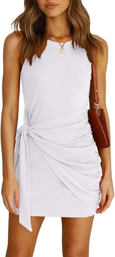 Almaree Women's Sleeveless Crewneck Tie Waist Casual Mini Dress T-Shirt Dresses | Amazon (US)