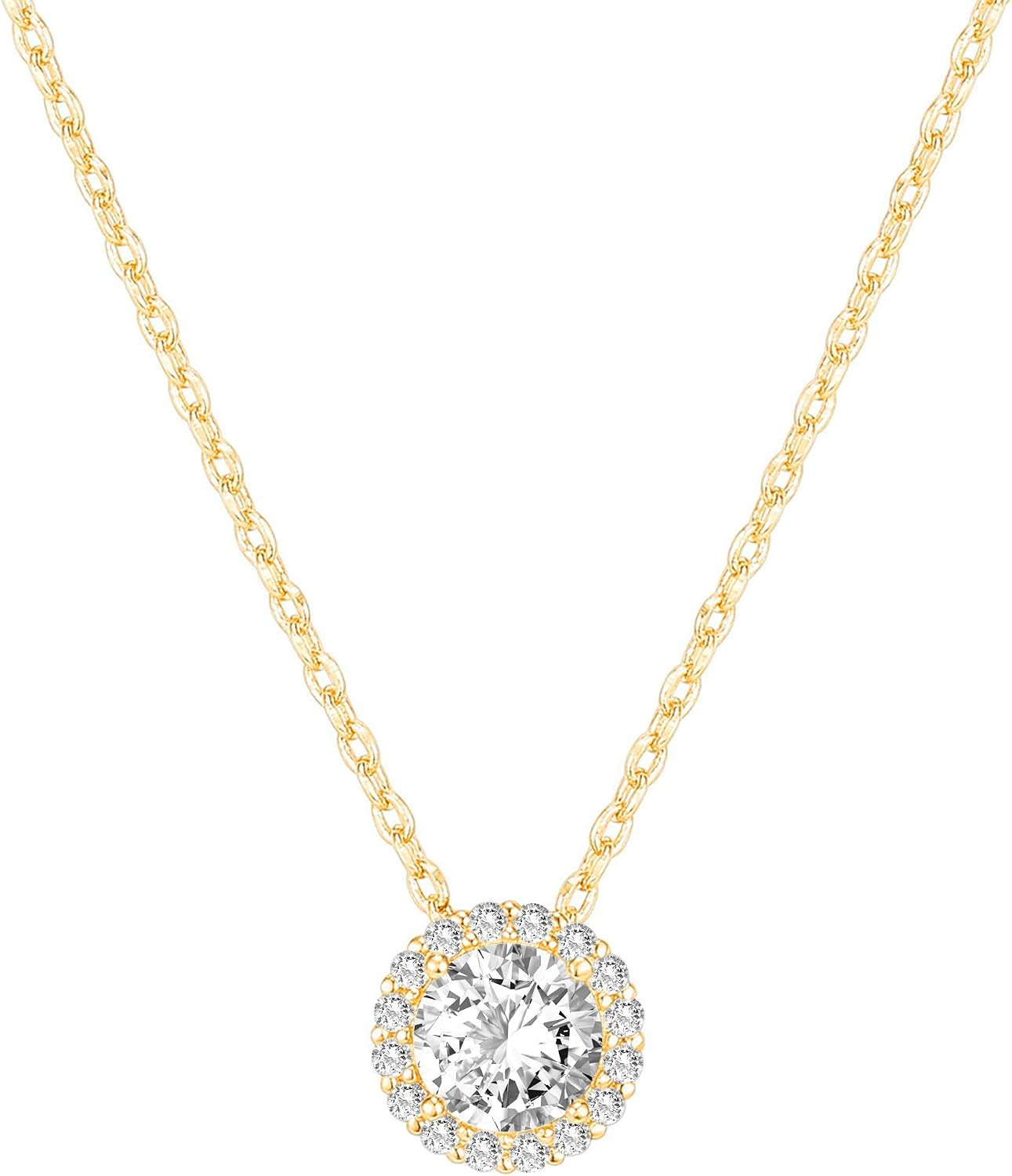 PAVOI 14K Gold Plated Post Faux Diamond Round Solitaire Pendant Halo Necklace | Gold Necklace for Women | Slider Adjustable | Amazon (US)