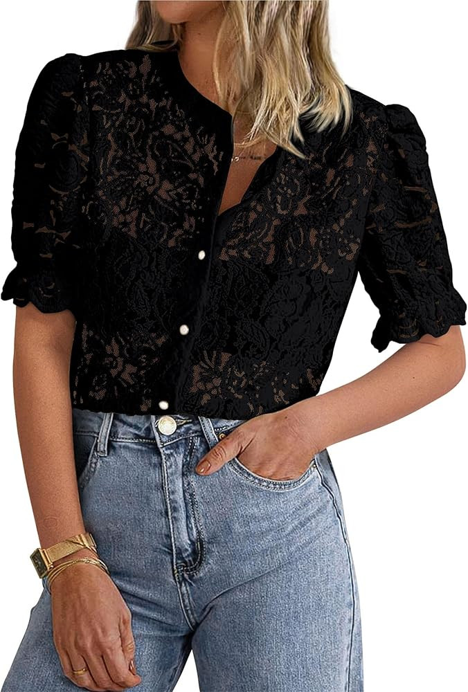 PRETTYGARDEN Womens 2025 Spring Lace Tops Short Puff Sleeve Casual Dressy Blouses Eyelet Crew Nec... | Amazon (US)