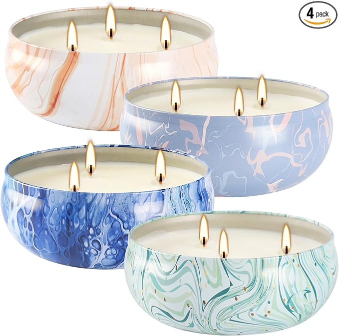 Set of 4 Triple Wick Marble-Style Citronella Scented Candles Natural Soy Wax Summer Outdoor Candl... | Amazon (US)