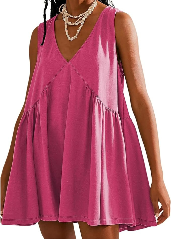 OPCAKM Women's V Neck Sleeveless Mini Dress Loose Summer Pleated Swing Flowy Sundress | Amazon (US)