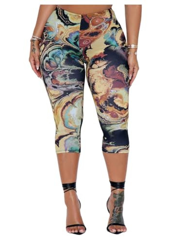 GORGLITTER Women's Marble Print Capri Leggings High Waisted Yoga Cropped Pants Multicolor Small | Amazon (US)