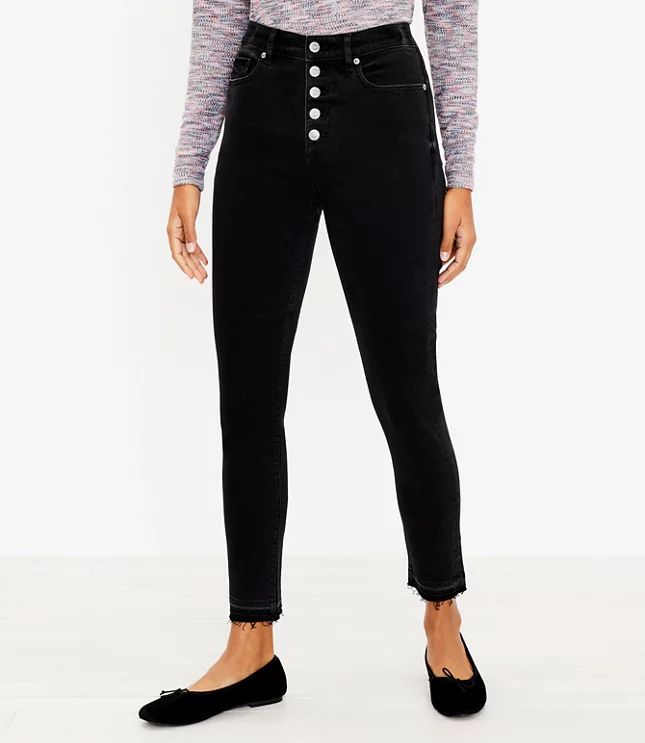 Button Front High Rise Skinny Jeans in Washed Black Wash | LOFT