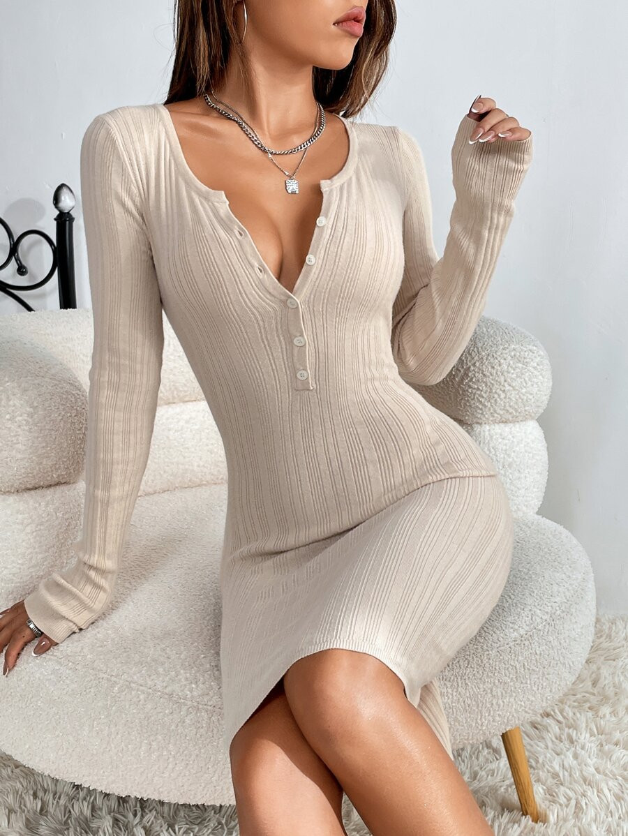 HomeWomen ClothingWomen KnitwearWomen Sweater DressesSHEIN EZwear Button Half Placket Bodycon Swe... | SHEIN