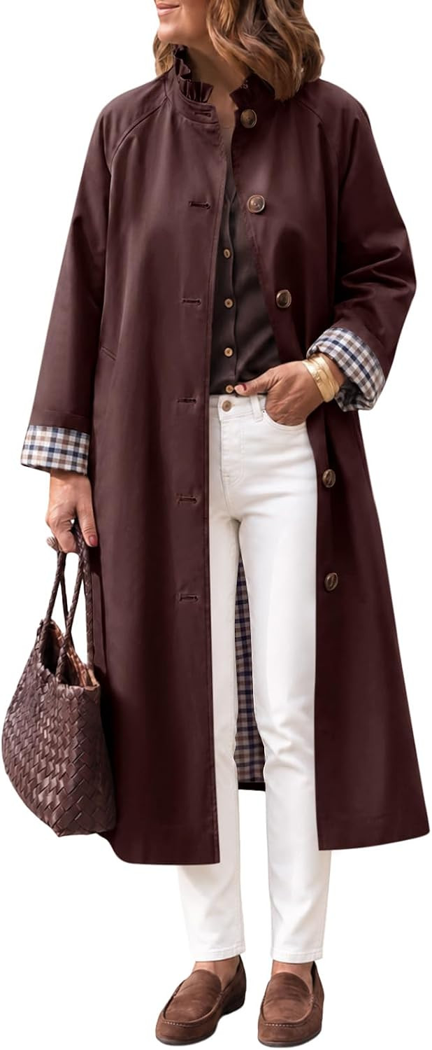 Tankaneo Womens Trench Coat Ruffle Collar Plaid Lining Long Jacket | Amazon (US)