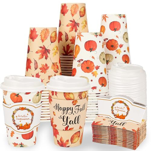 Purhapfre 50 Pack 12 oz Fall Paper Cups with Lids & Sleeves, Pumpkin Leaves | Amazon (US)