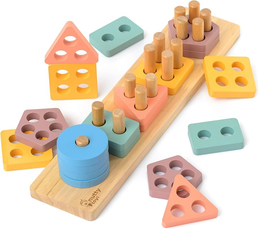 nutty toys Montessori Wooden Sorting & Stacking Toy - Top Learning Puzzle for 1-3 Year Olds - Sha... | Amazon (US)