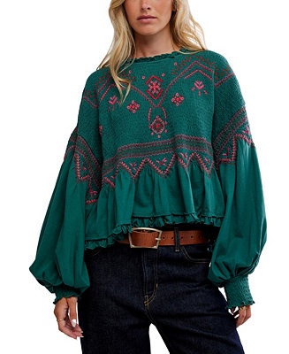 Women's Holly Crewneck Geometric Embroidered Top | Macy's