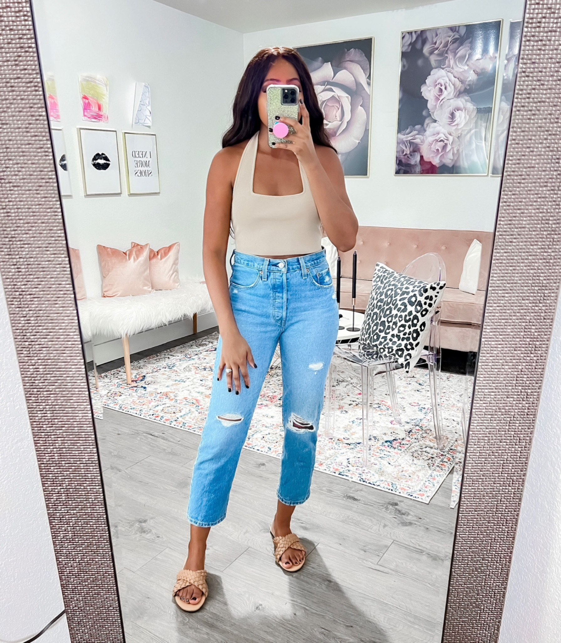 Top: I am wearing a small and it has stretch. •Jeans: I am 5’4” wearing a size 25 with a true denim fit. •Sandals: I went with my normal size.

#LTKunder50 #LTKstyletip #LTKunder100