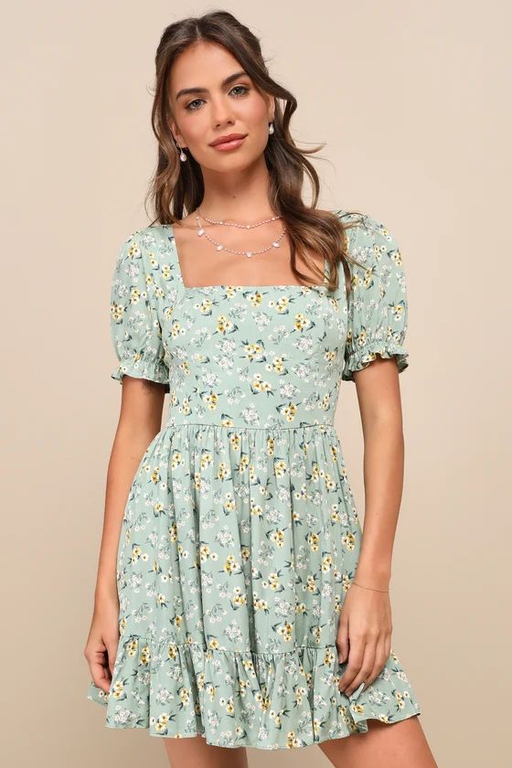 Delightful Aura Sage Floral Print Puff Sleeve Tiered Mini Dress | Lulus (US)