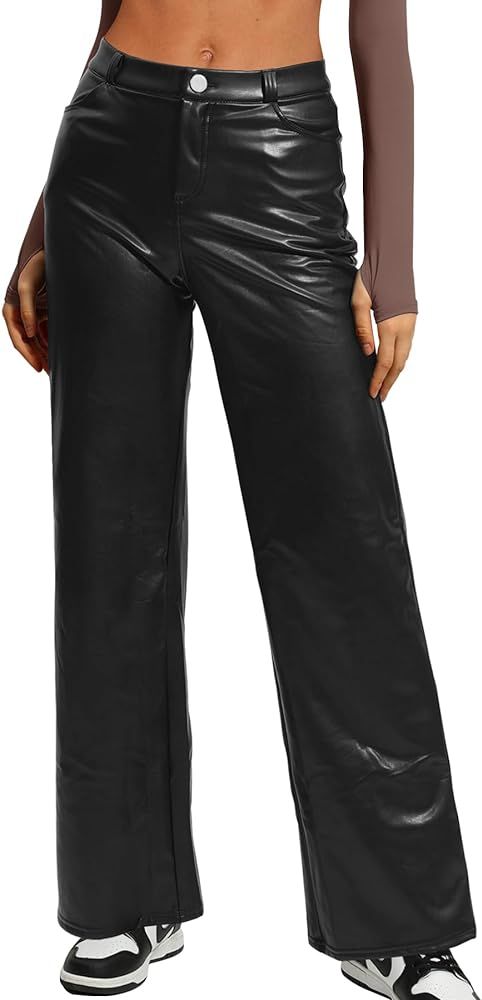 Coloquin Faux Leather Pants for Women High Waist Straight Leather Pants with Pockets | Amazon (US)