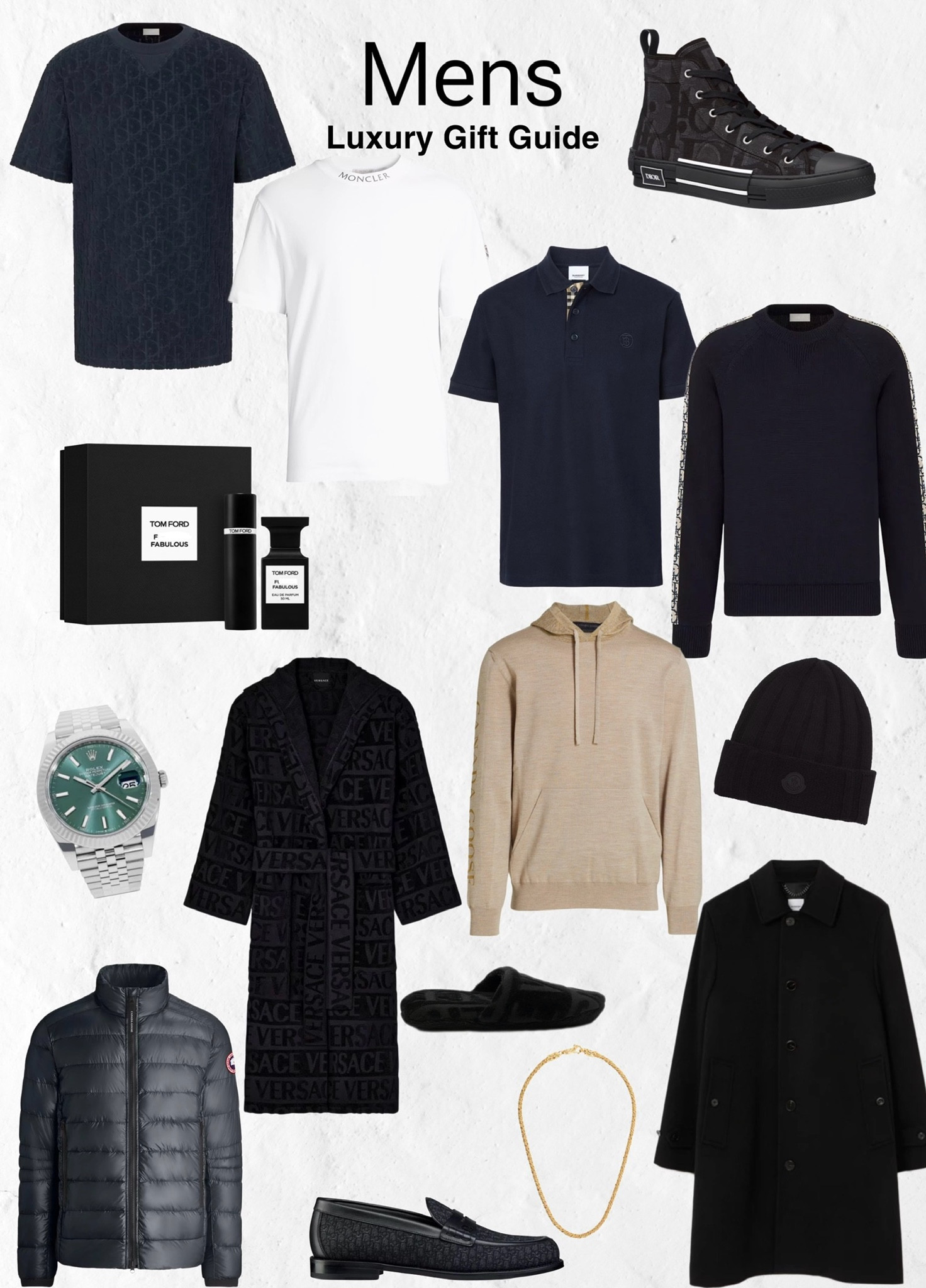 Mens luxury designer / high end / gift guide 
Dior / moncler / Rolex / Burberry / Tom ford / Versace robe and slippers / cologne / sneakers / loafers / beanie 

#LTKmens #LTKHoliday #LTKGiftGuide