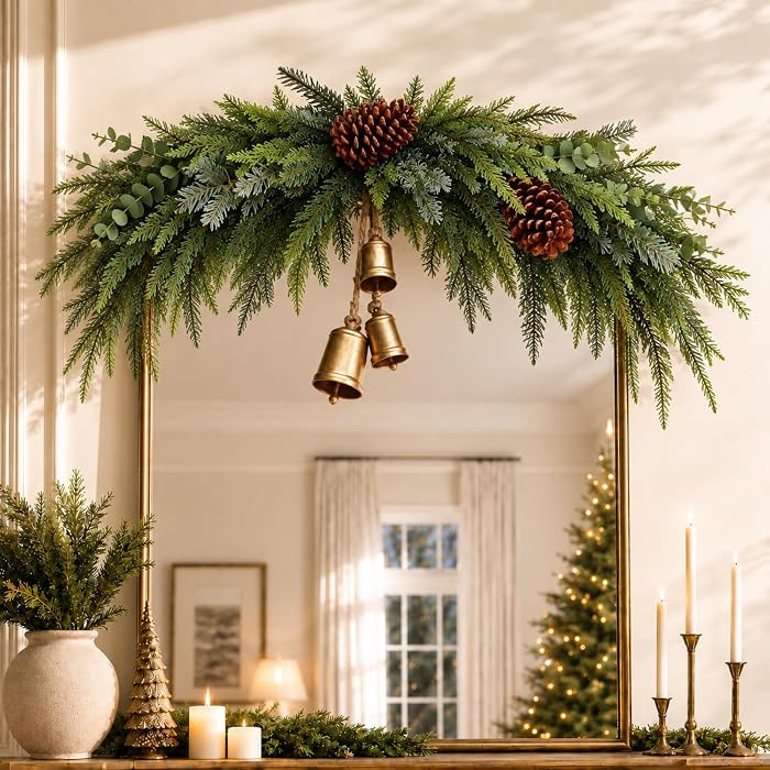Riceshoot 39.4 Inch Christmas Mirror Swag Pine Bells Pinecones Pine Decor | Amazon (US)