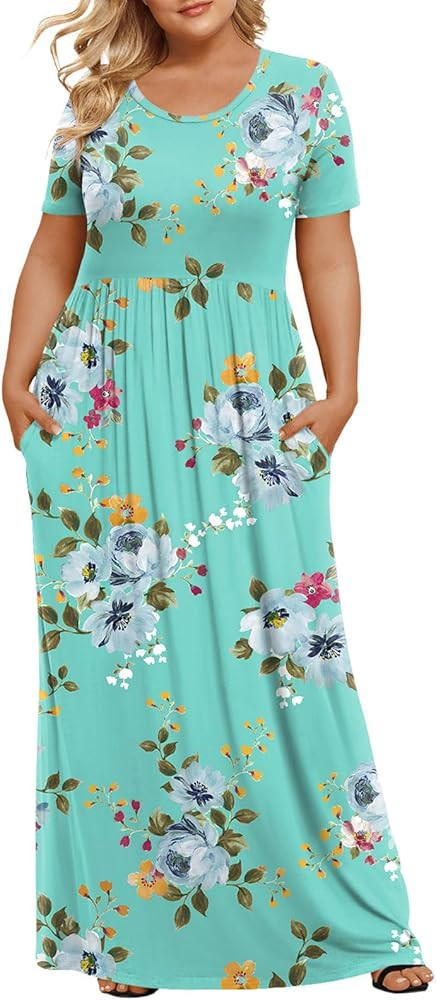 LONGYUAN Women's Plus Size Maxi Dresses for Curvy Women Summer Short Sleeve Casual 2026 Long Dres... | Amazon (US)