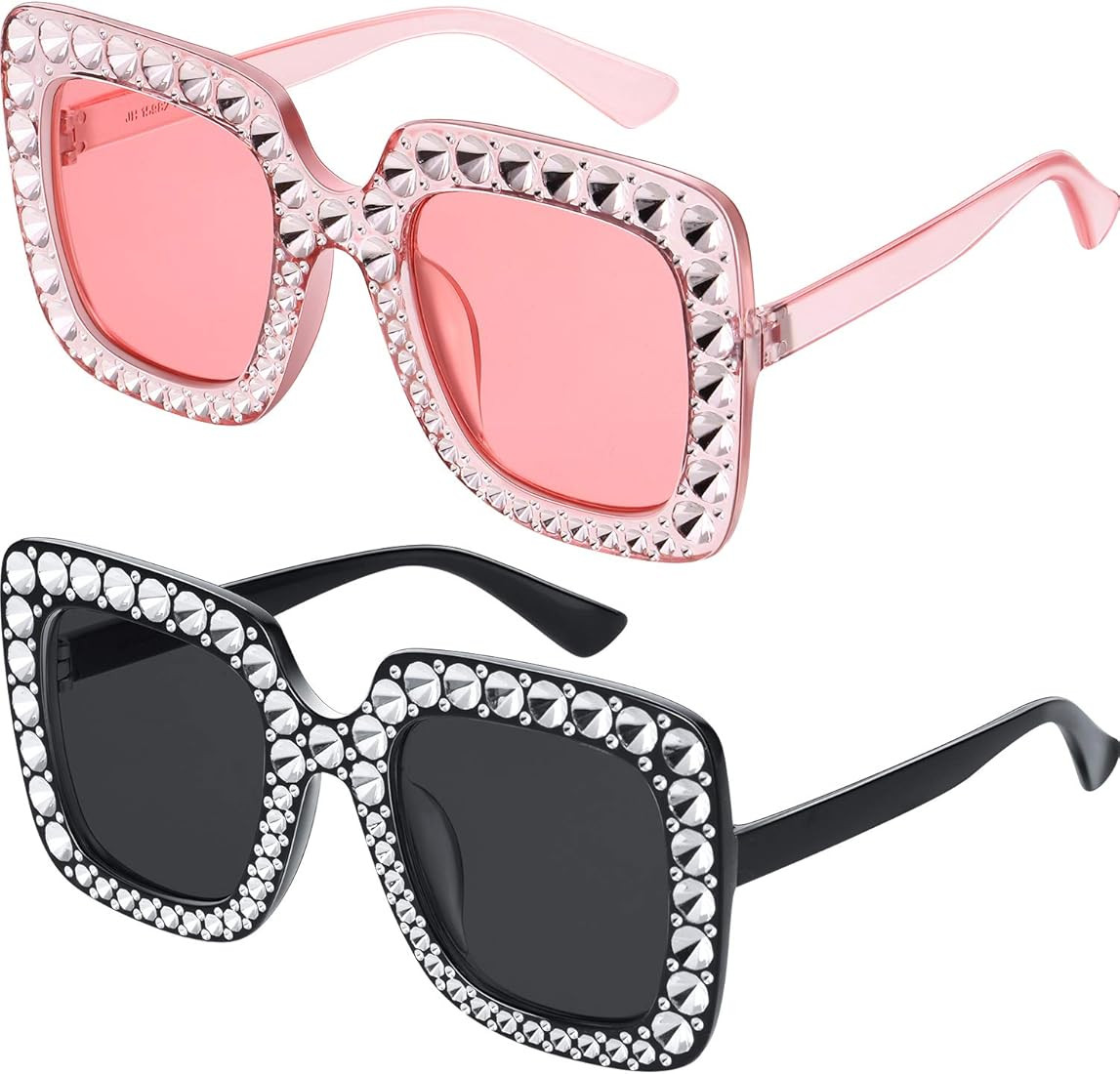 Frienda 2 Pieces Oversize Square Sparkling Sunglasses Retro Thick Frame Sunglasses | Amazon (US)