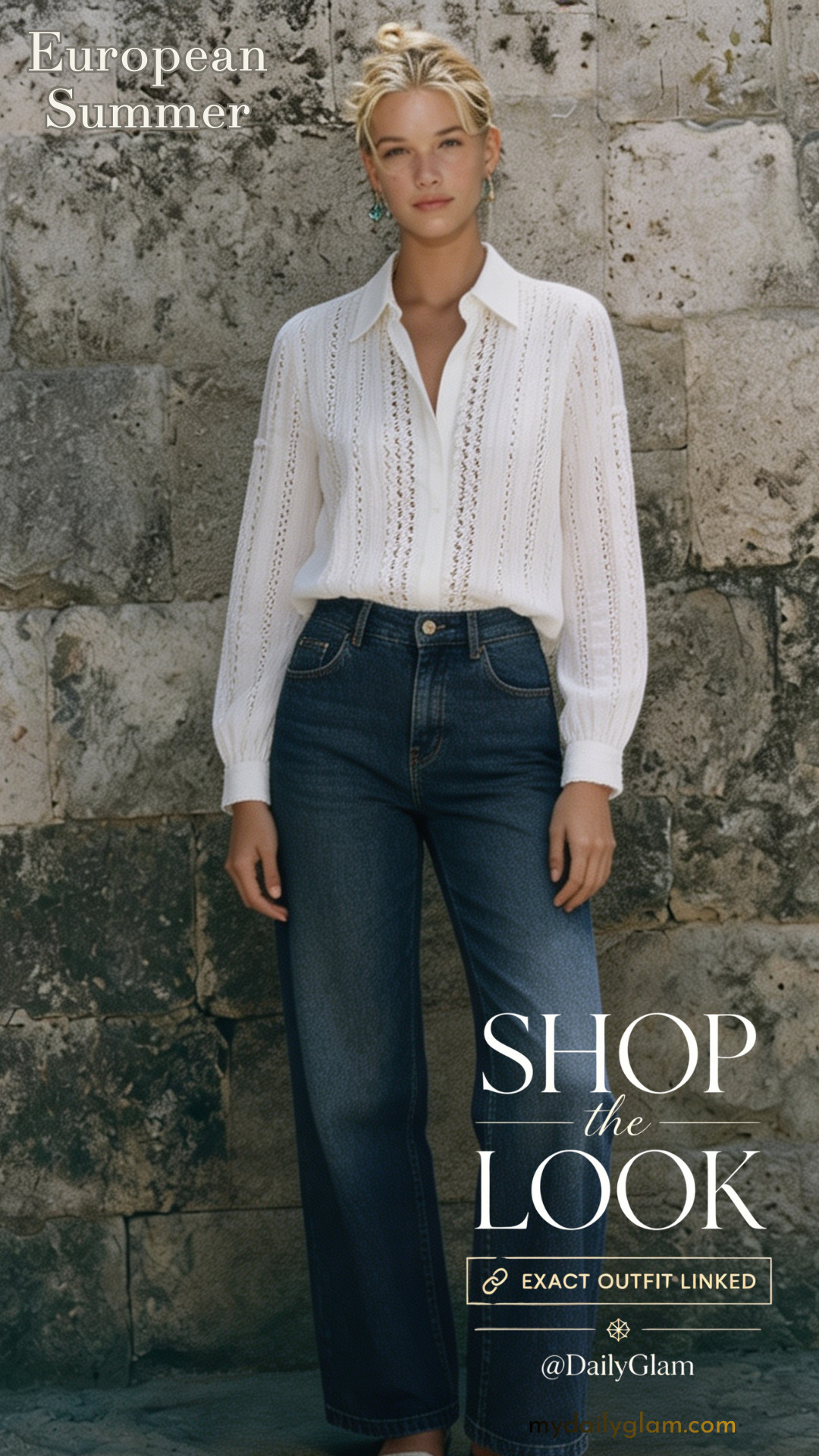 White Hollow Out Knit Button Down Shirt + Dark Wash Wide Leg Jeans Summer Outfit 

 #LTKootd #LTKOver40 #LTKWorkwear