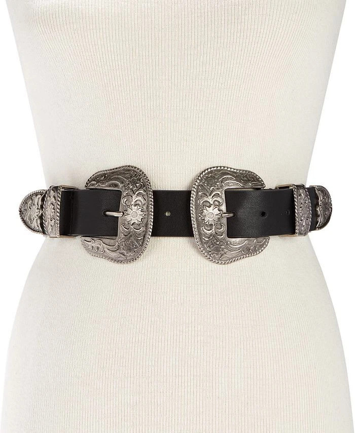 Steve Madden Womens Double-Buckle Western Belt Black Faux Leather Size M/L  ~NEW | eBay US
