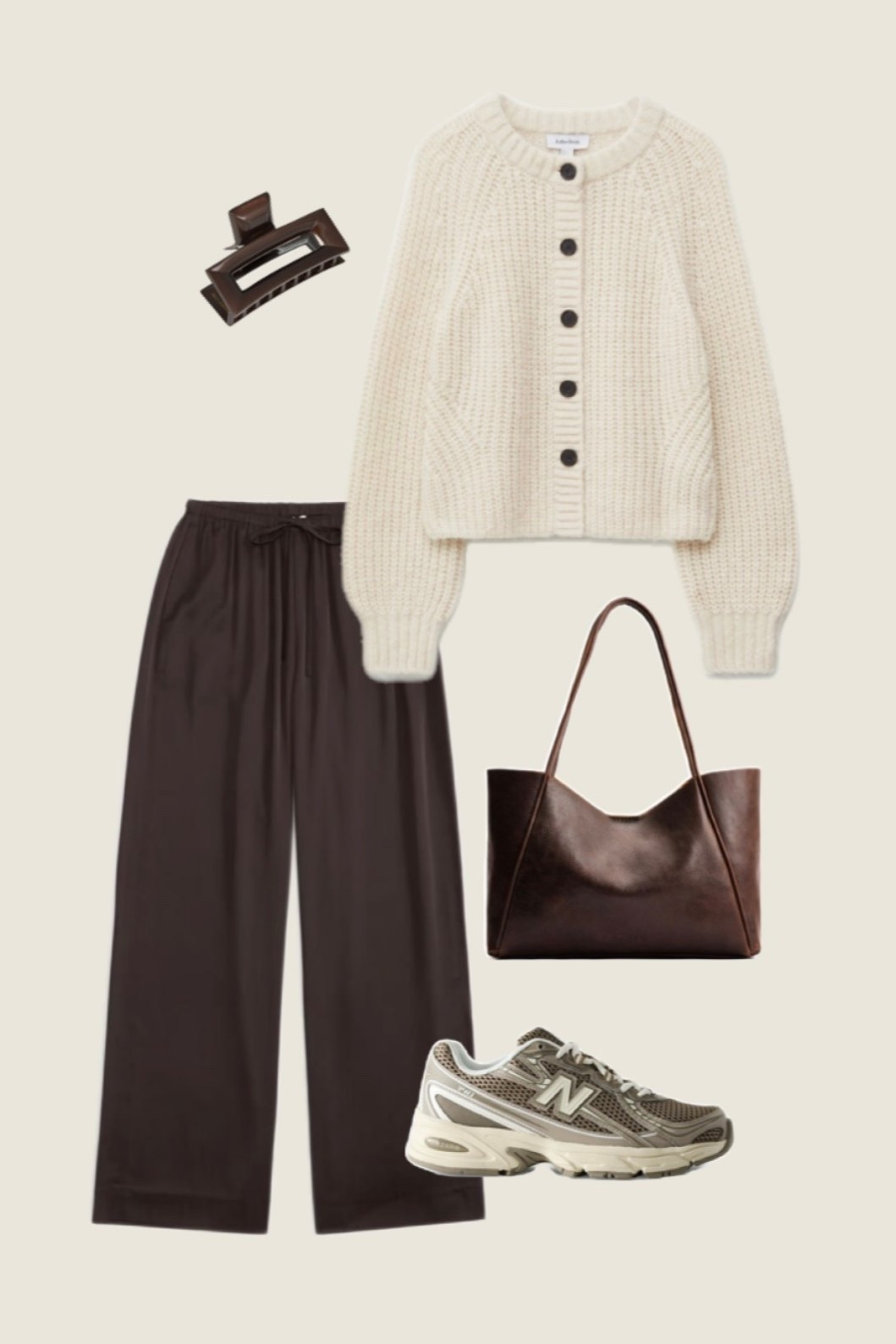 Causal chic brown satin pant outfit 🤎

Travel style, airport outfit, running errands outfit, new balance 740 sneaker outfit, cream cardigan, neutral style, brown leather tote under $30, Amazon finds

#LTKFindsUnder50 #LTKTravel #LTKFindsUnder100