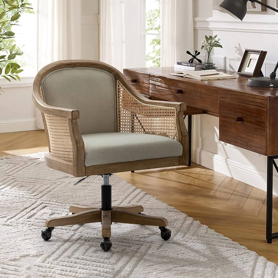 HULALA HOME Rattan Desk Chair, Upholstered Home Office Chair, Vintage Office Chair with Armrest, ... | Amazon (US)