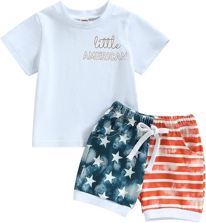 4th of July Baby Boy Outfit Short Sleeve Crewneck Shirt Tops American Flag Shorts USA Memorial Da... | Amazon (US)
