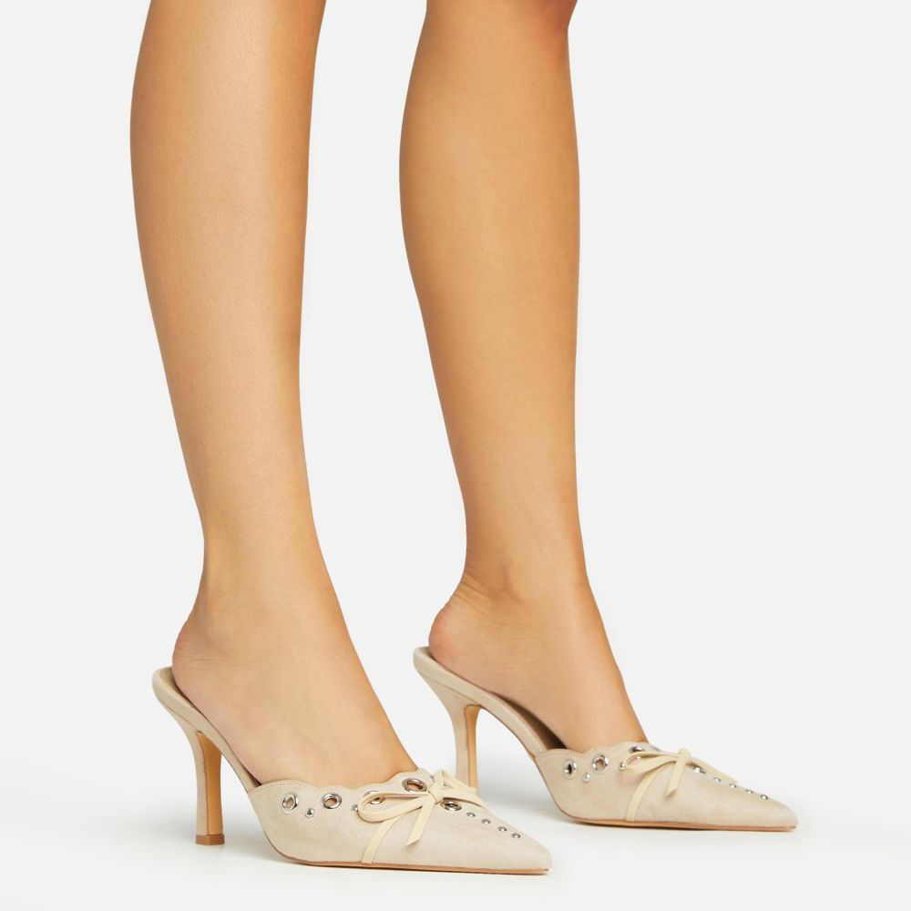 Charisma Eyelet Detail Pointed Toe Court Heel Mule In Nude Faux Suede | EGO (UK)