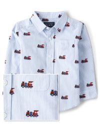Baby And Toddler Boys Striped Train Poplin Button Up Shirt - globe blue | The Children's Place