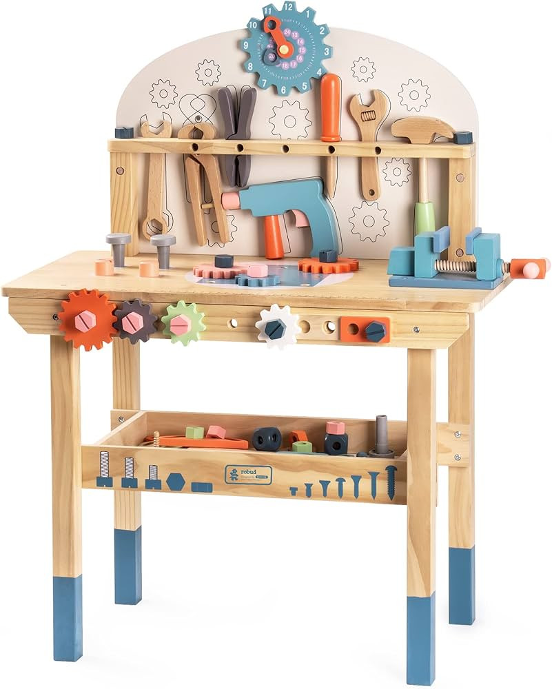 ROBUD Large Wooden Play Tool Workbench Set for Kids Toddlers, Construction Workshop Tool Bench To... | Amazon (US)