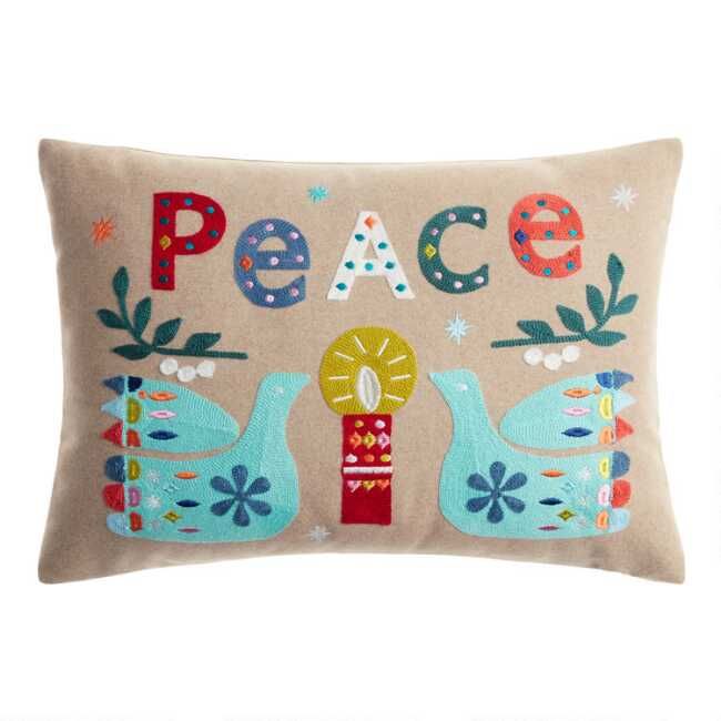 Taupe Multicolor Embroidered Peace Lumbar Pillow | World Market