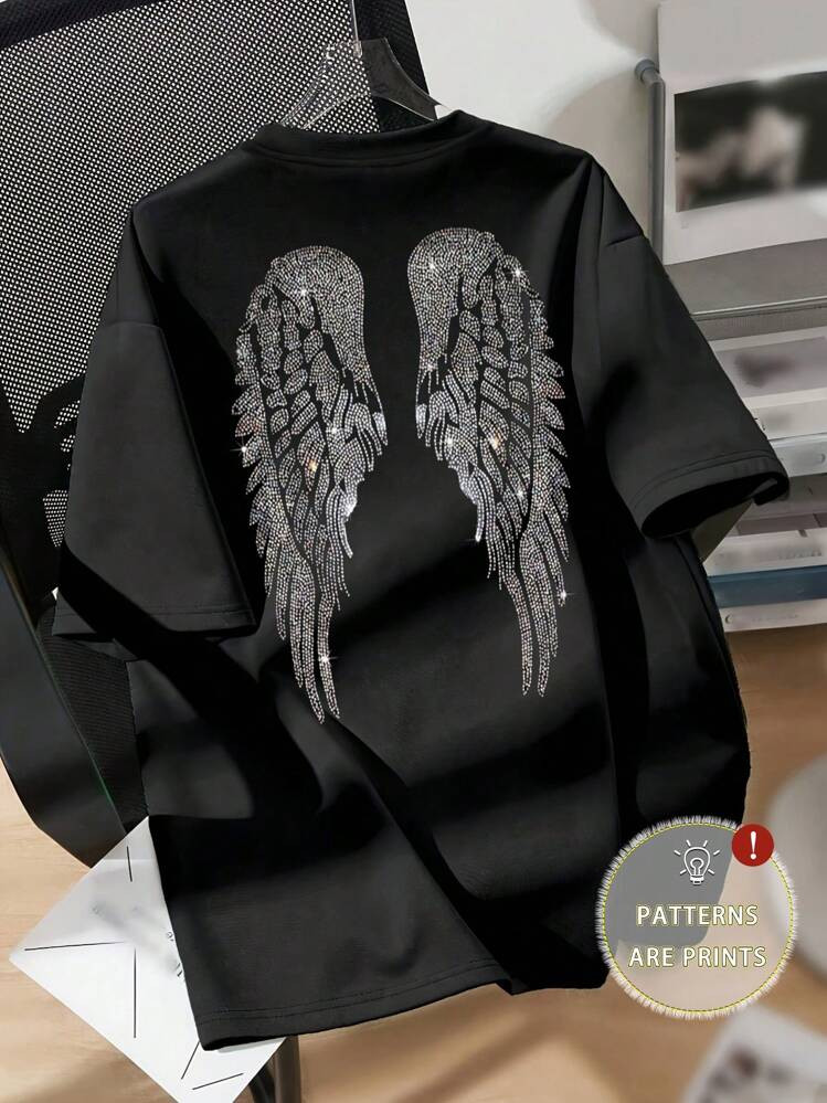 SHEIN Women Plus Size Casual White Pattern Oversized T-Shirt With Shiny Angel Wings Design, Short... | SHEIN