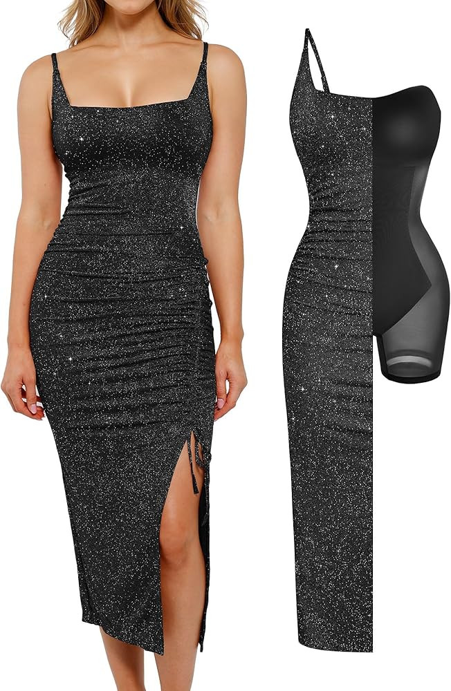 Popilush Shapewear Dress Sparkly Cocktail Dresses for Women Tummy Control Square Neck Ruched Midi... | Amazon (US)