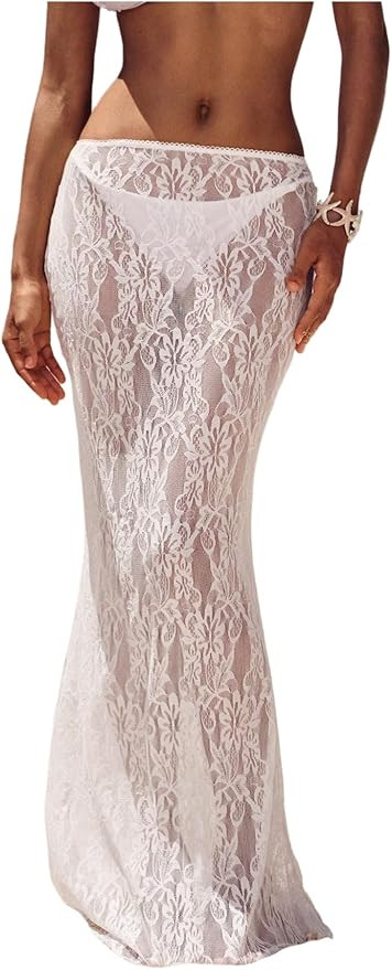 Milumia Women's Sexy Lace Maxi Skirt Low Waisted See Through Sheer Mesh Fishtail Bodycon Long Ski... | Amazon (US)