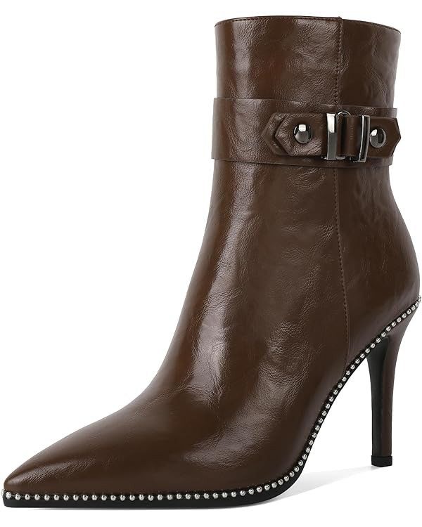 Mettesally Womens Ankle Boots High heels Beaded Pointed Toe Side Zipper Booties 3.8 Inches Dressy... | Amazon (US)