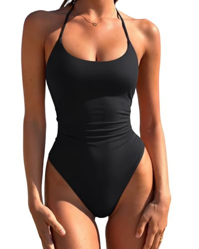 LASLULU Women's Black One Piece Swimsuits Sexy Halter Backless Slimming Bathing Suit Swimwear Cute Tummy Control One Piece Swim Suits Swimsuits for Women 2026 (Black, Small) | Amazon (US)