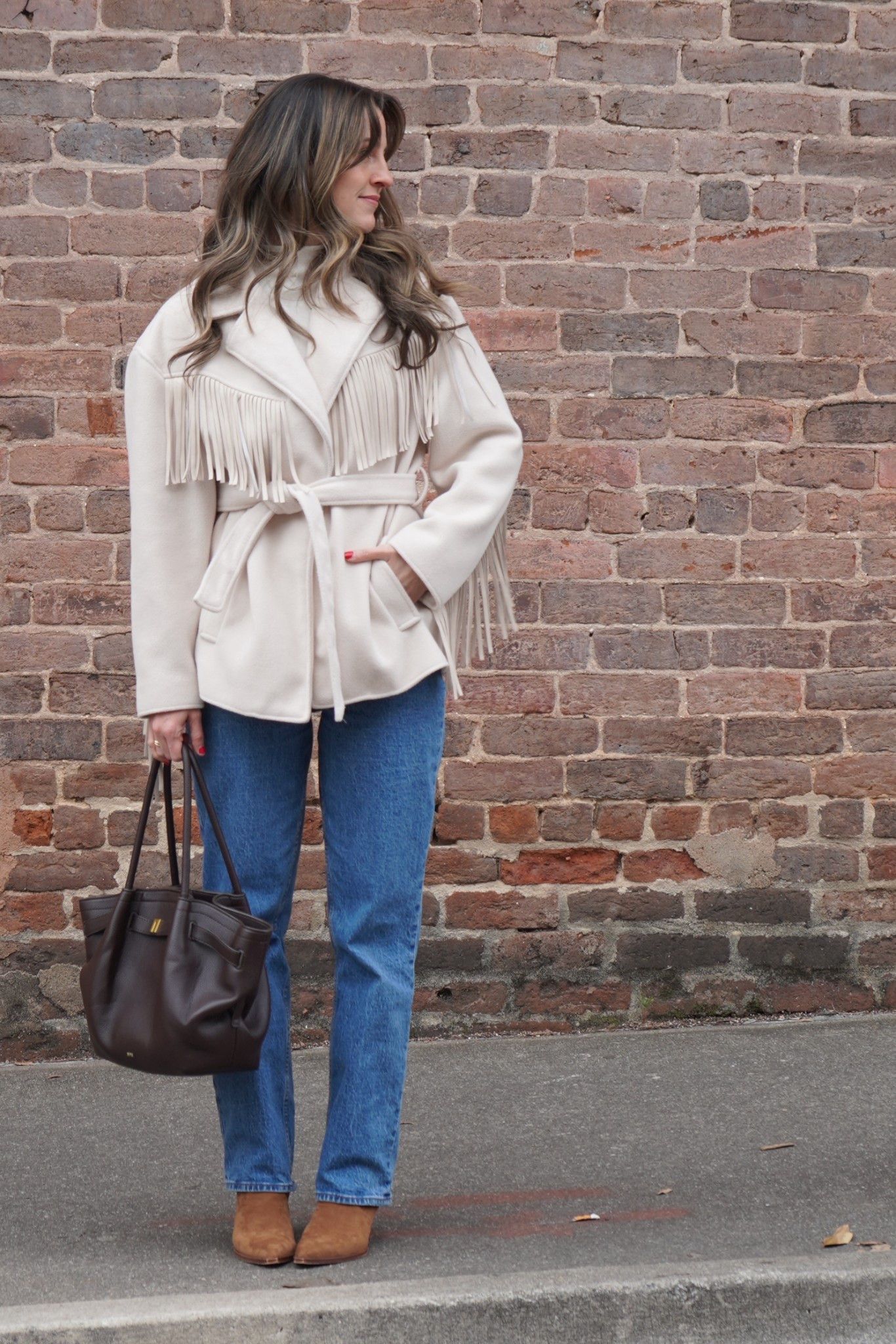 JE PEI Hana medium tote 
Dolce vita boots 
BlankNYC fringe jacket 