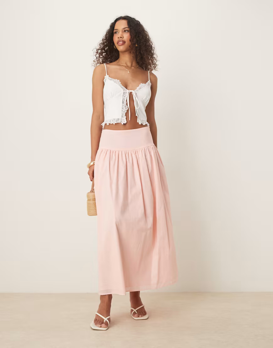 ASOS DESIGN dropped waist volume midi skirt in washed pink | ASOS (Global)