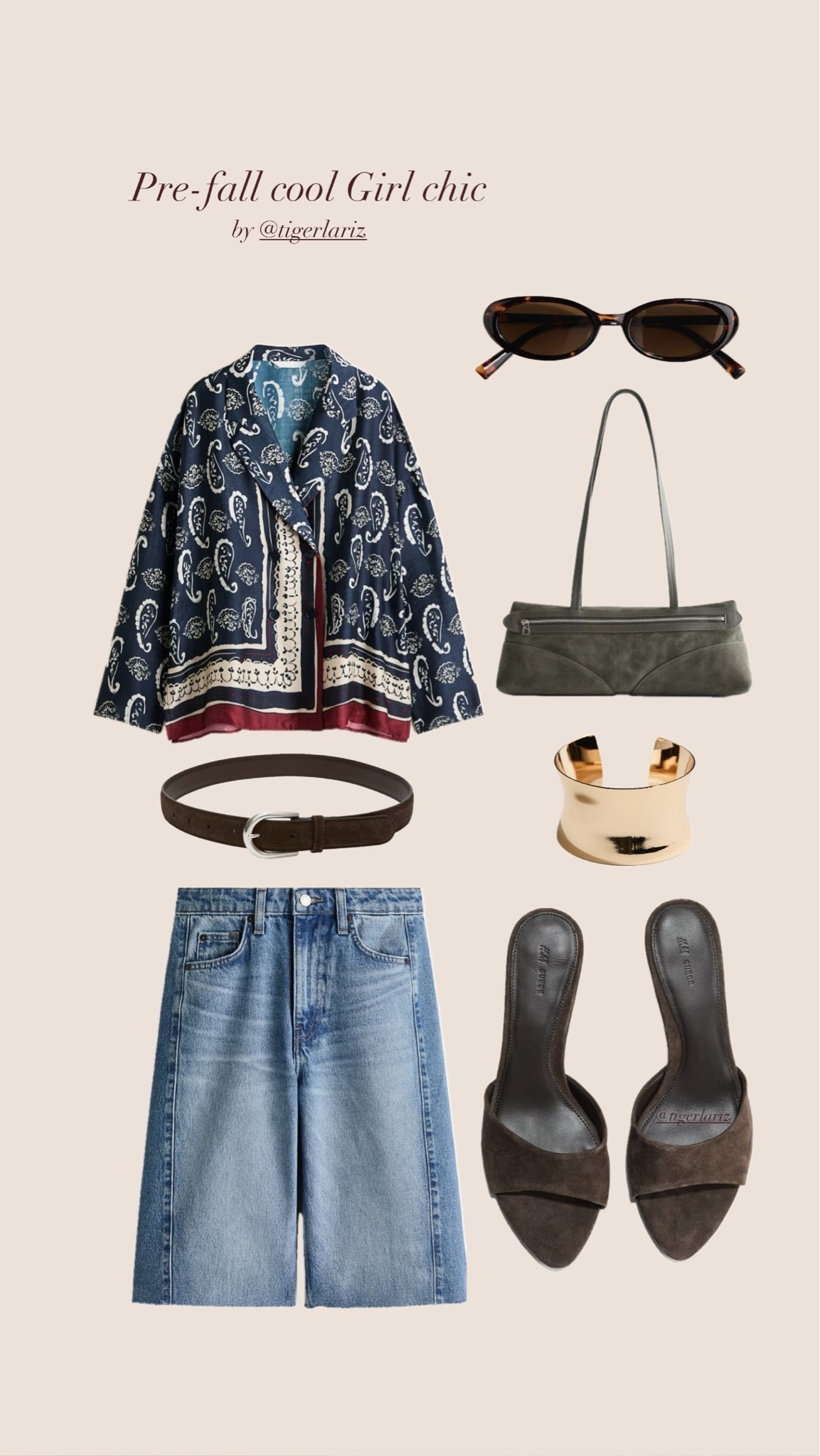 The perfect pre-fall outfit for transitioning into cooler days. A printed scarf-style jacket paired with relaxed denim Bermuda shorts, rich brown accessories, and gold jewelry creates an effortlessly elevated look.

#LTKFashionMonth #LTKautumn #LTKsummer
