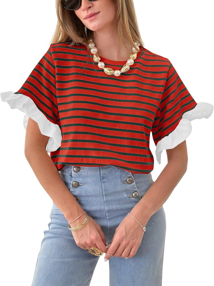 Tankaneo Women Striped Tops Ruffle Sleeve Casual Basic T Shirts Crewneck Short Sleeve Shirt Summe... | Amazon (US)