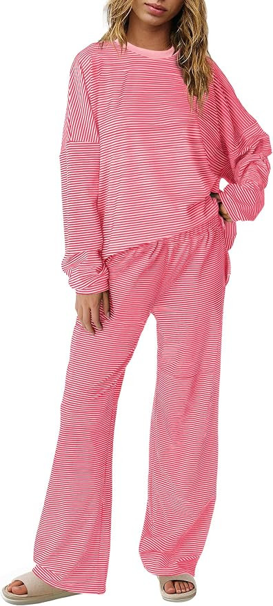 Panadila Womens 2 Piece Lounge Sets Striped Long Sleeve Pajama Set Oversized Tshirts Wide Leg Pan... | Amazon (US)
