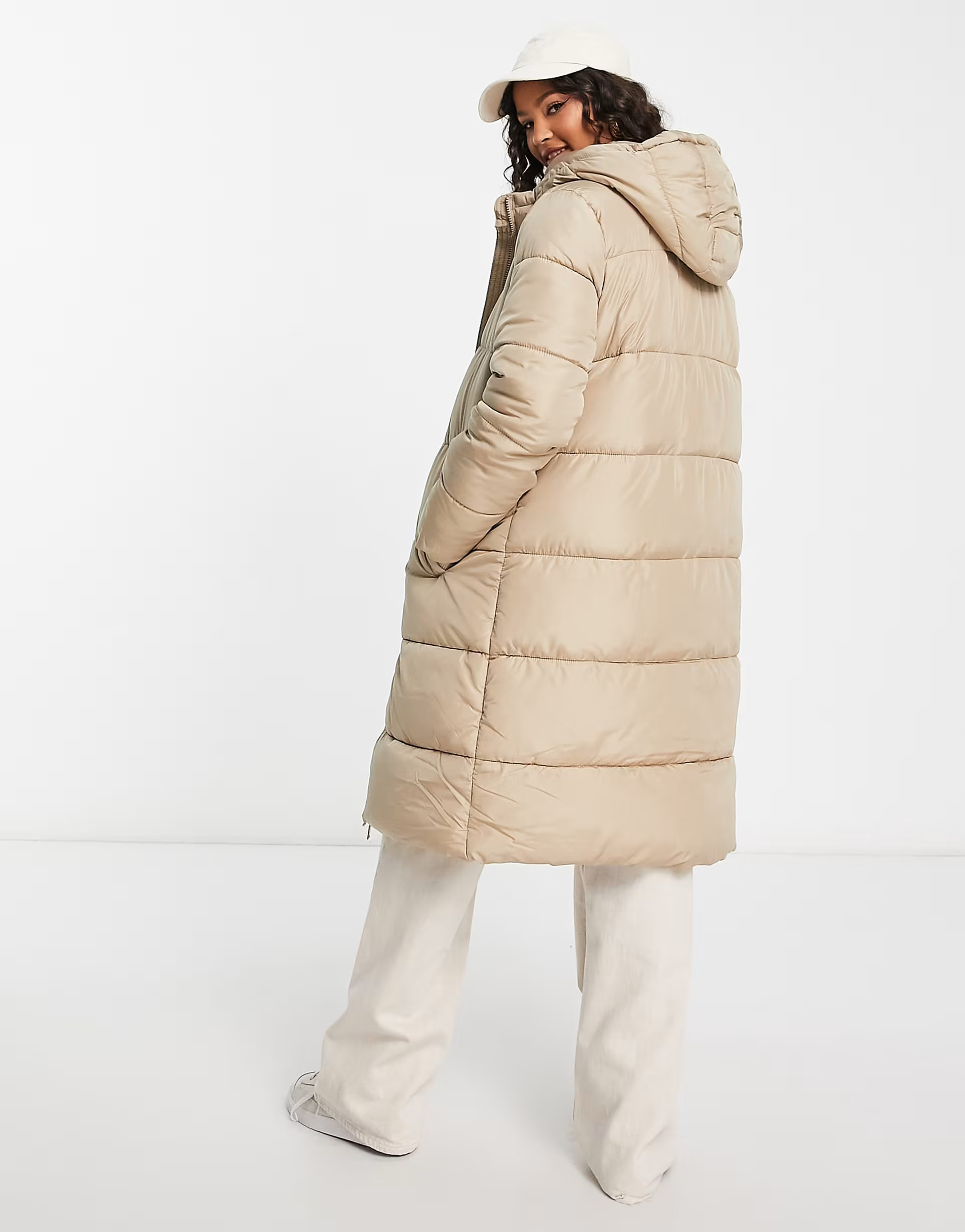Pieces longline padded coat with hood in soft beige | ASOS (Global)