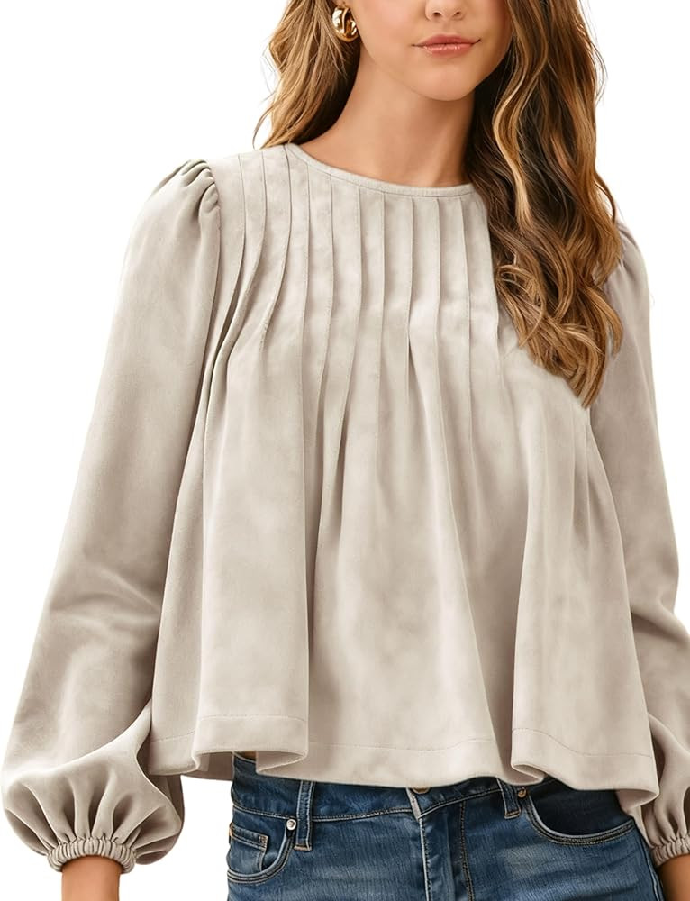 Gozoloma Women's Faux Suede Babydoll Top Long Sleeve Pleated Peplum Blouse Crewneck Loose Fit Shi... | Amazon (US)