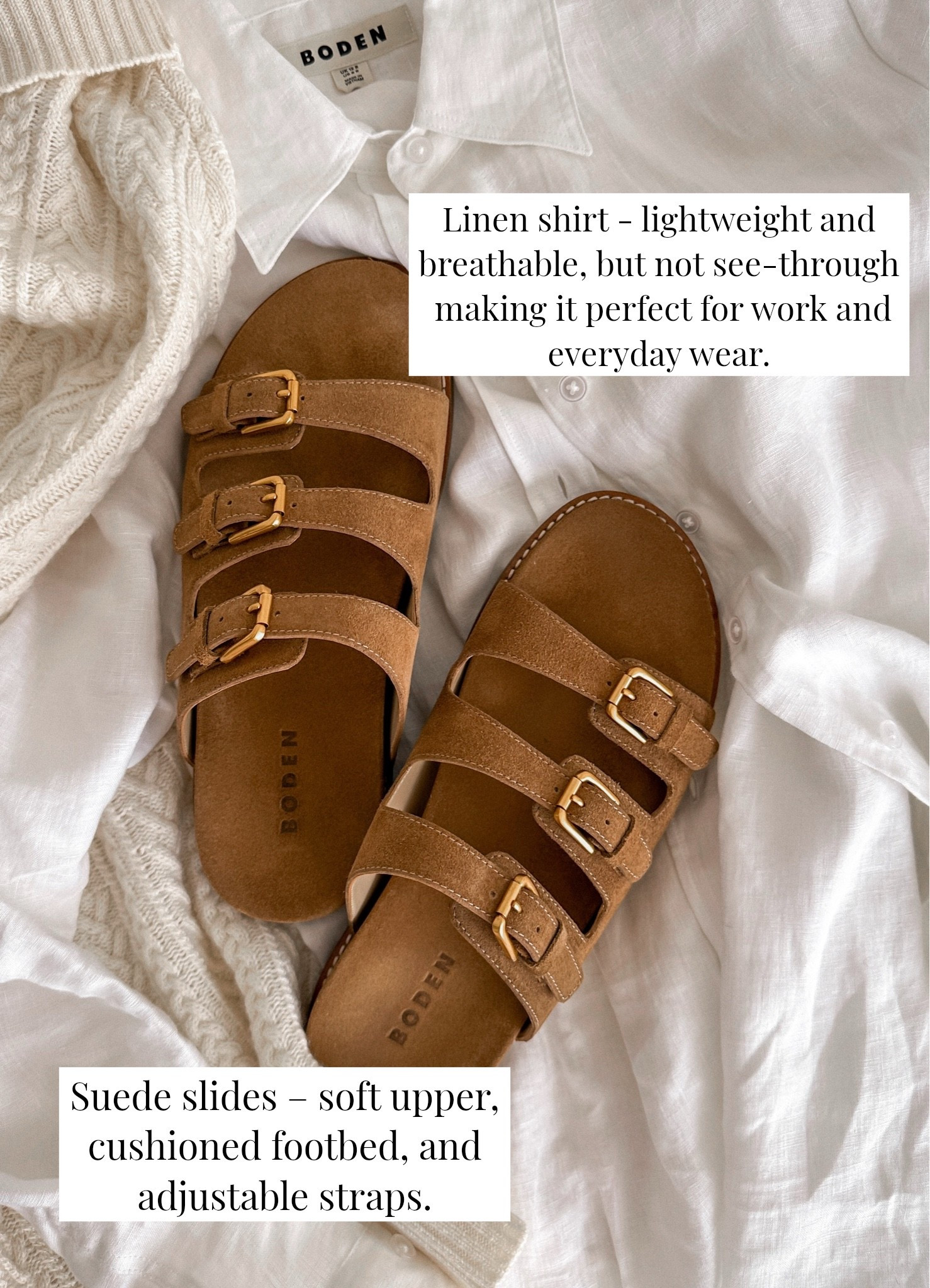 Summer essentials - linen shirt and suede casual sandals.