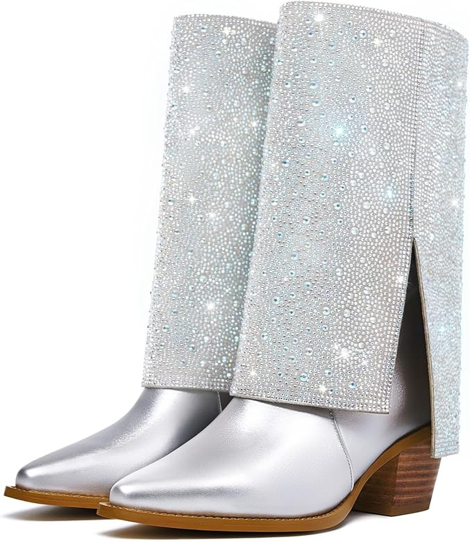 KEEISEA Rhinestone Boots Cowboy Boots Rhinestone Cowboy Boots Cowgirl Boots Fold Over Boots Wide ... | Amazon (US)