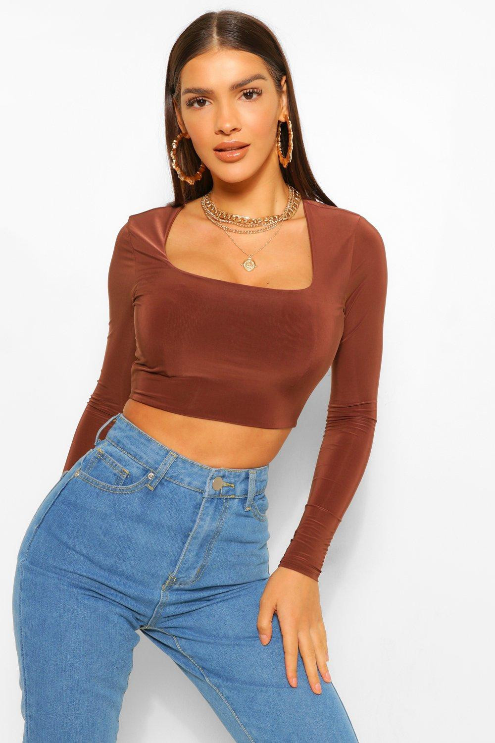 Womens Double Layer Long Sleeve Crop Top - Brown - 2 | Boohoo.com (US & CA)