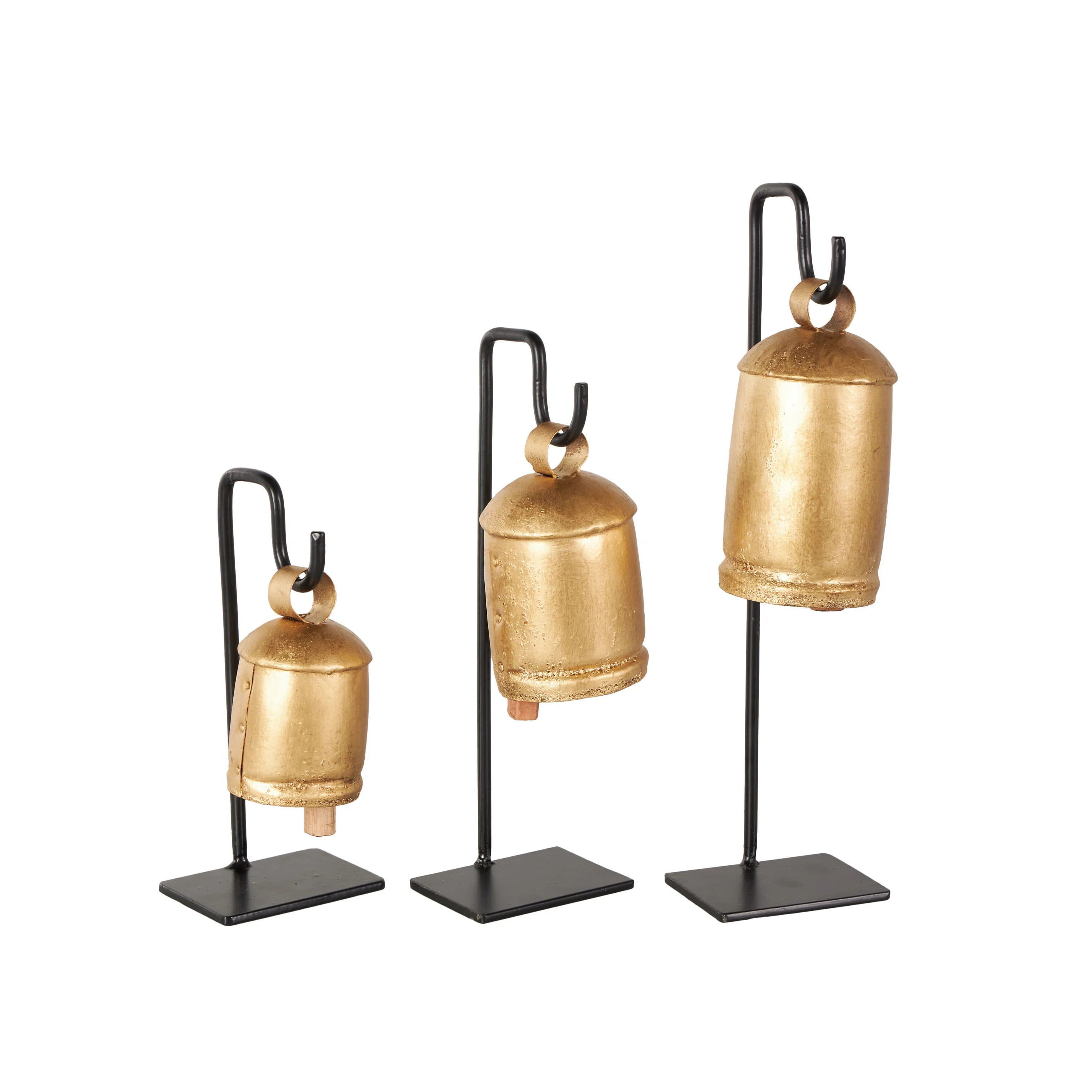 Metal Bell Indoor Outdoor Gold Decorative Cow Bells With Black Stand And Brown Wooden Clapper Set... | Wayfair North America