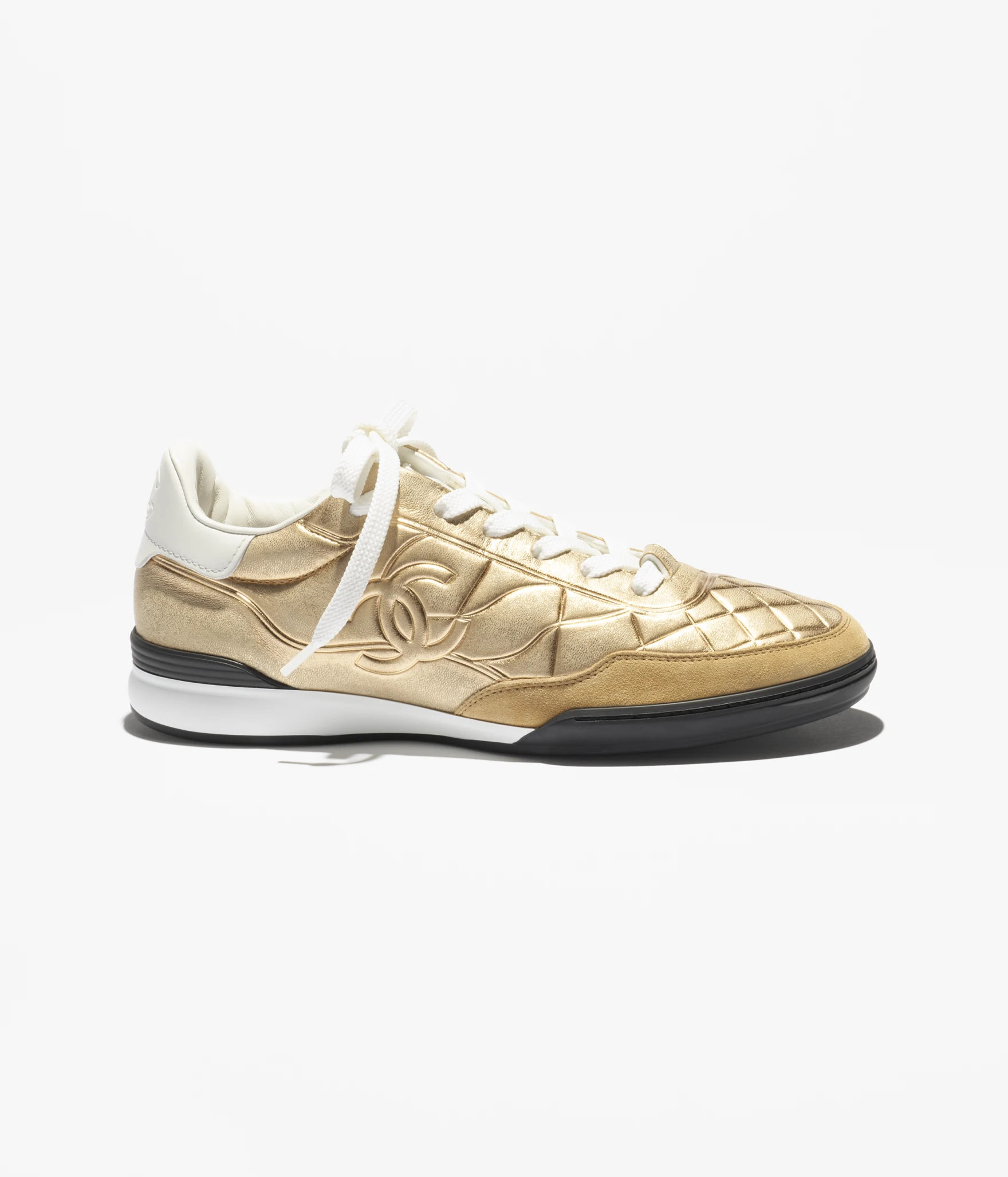 Sneakers - Laminated lambskin & suede calfskin, gold & beige — Fashion | CHANEL | Chanel, Inc. (US)