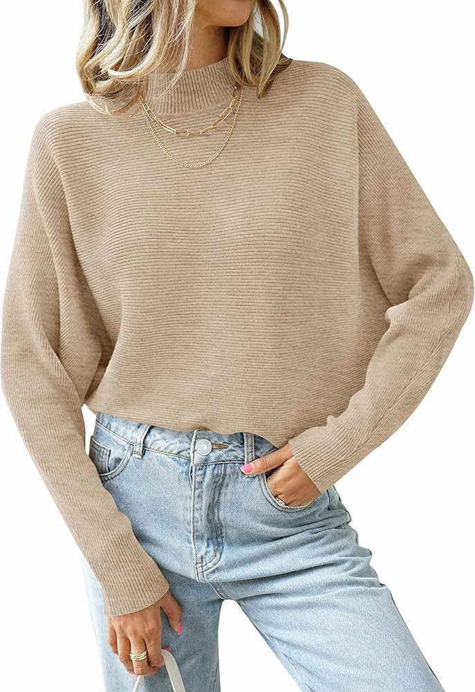 ZESICA Women's 2023 Fall Turtleneck Batwing Long Sleeve Ribbed Knit Casual Soft Pullover Sweater ... | Amazon (US)
