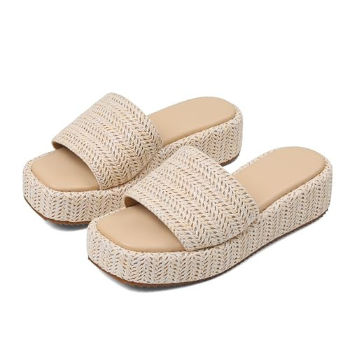 EQAUDES Espadrille Sandals for Women Beach Slides Platform Wedges - Open Toe, Raffia, Summer Shoes, Comfortable, Vacation | Amazon (US)