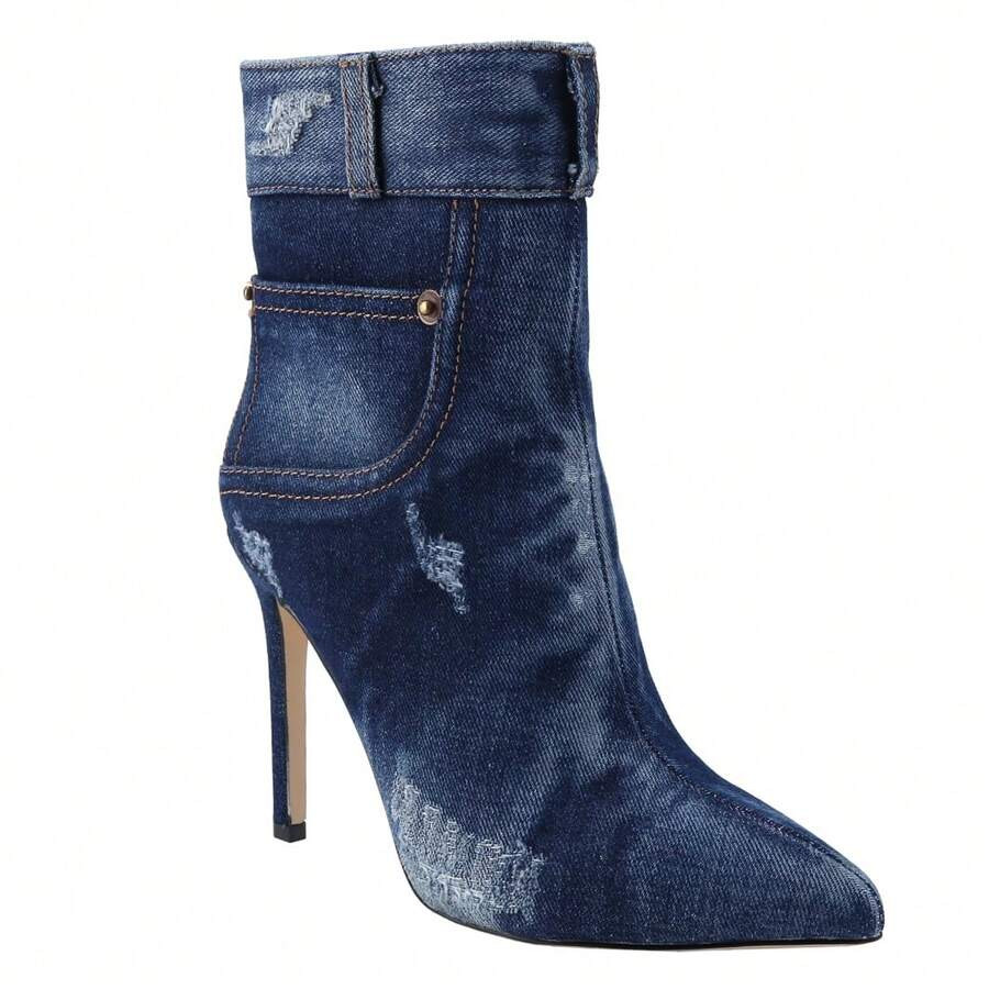 BELOVELY[JENS-1]Women's Denim High-Heeled Ankle Boots With Pointed Toes | SHEIN